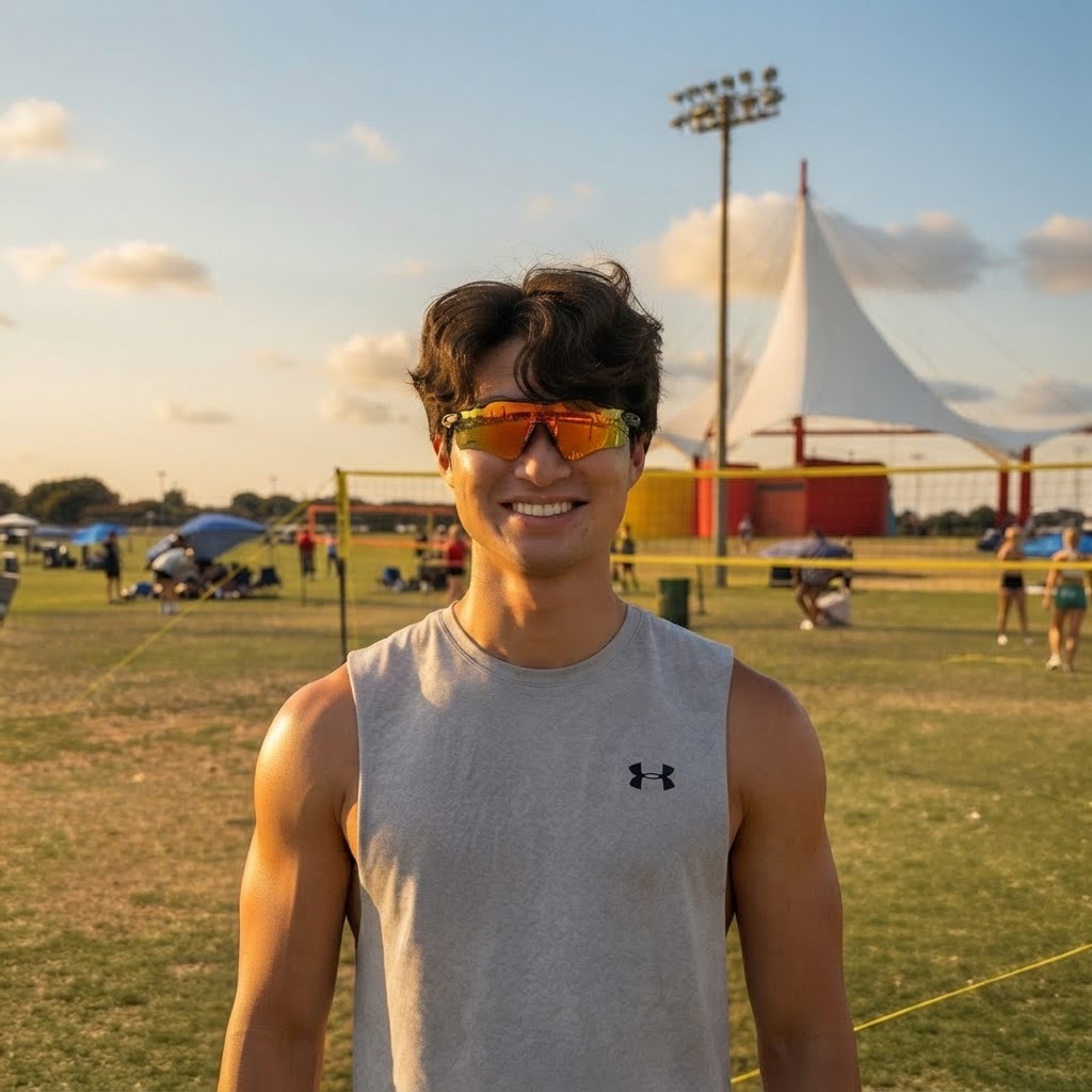 David Lin, founder of FamFit, on a grass volleyball court