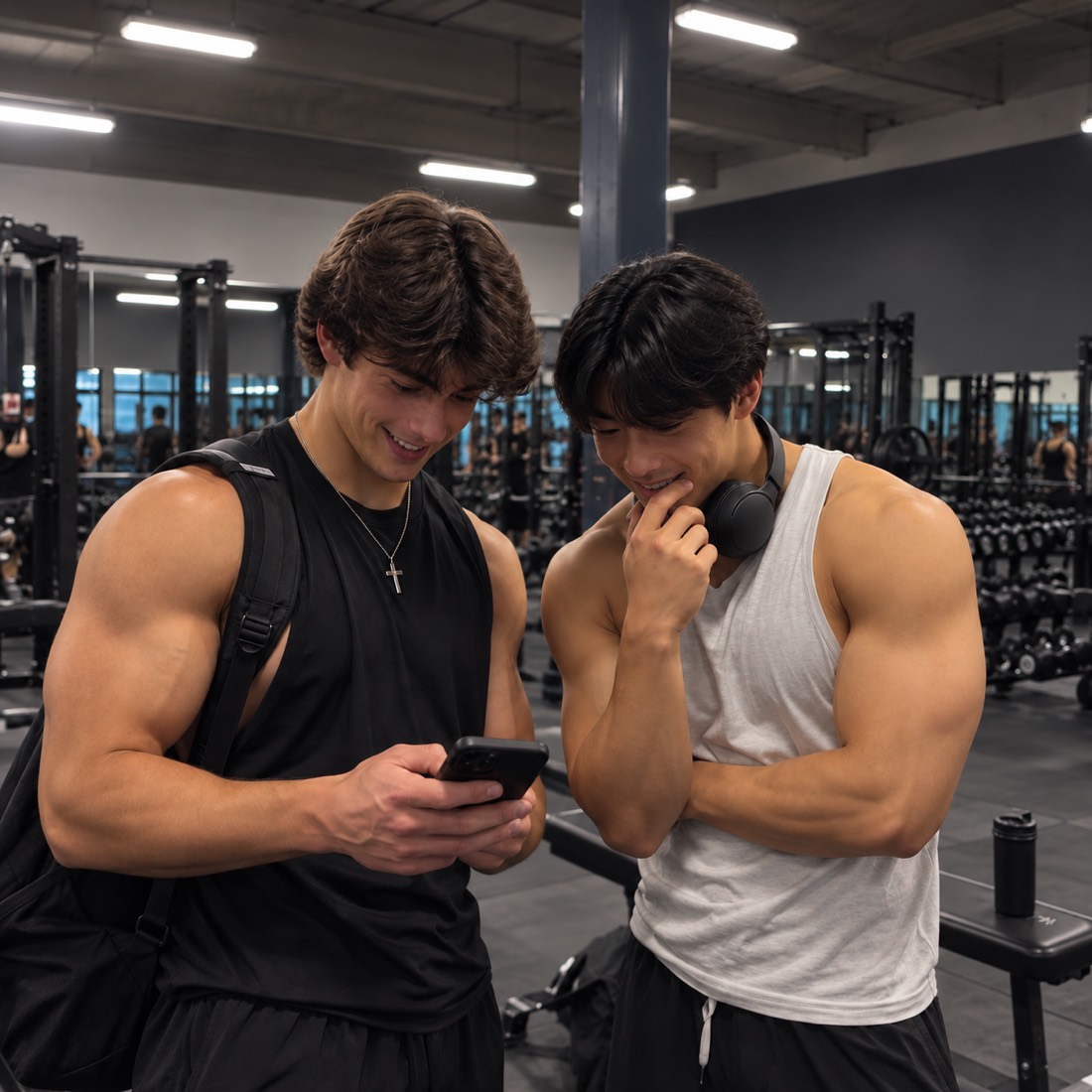 Two friends checking a workout plan together in a gym