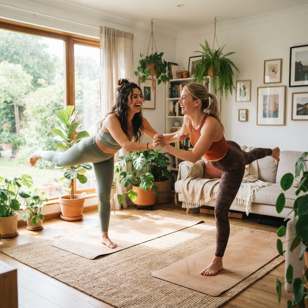 Two friends practicing a yoga balance pose together in a bright plant-filled studio